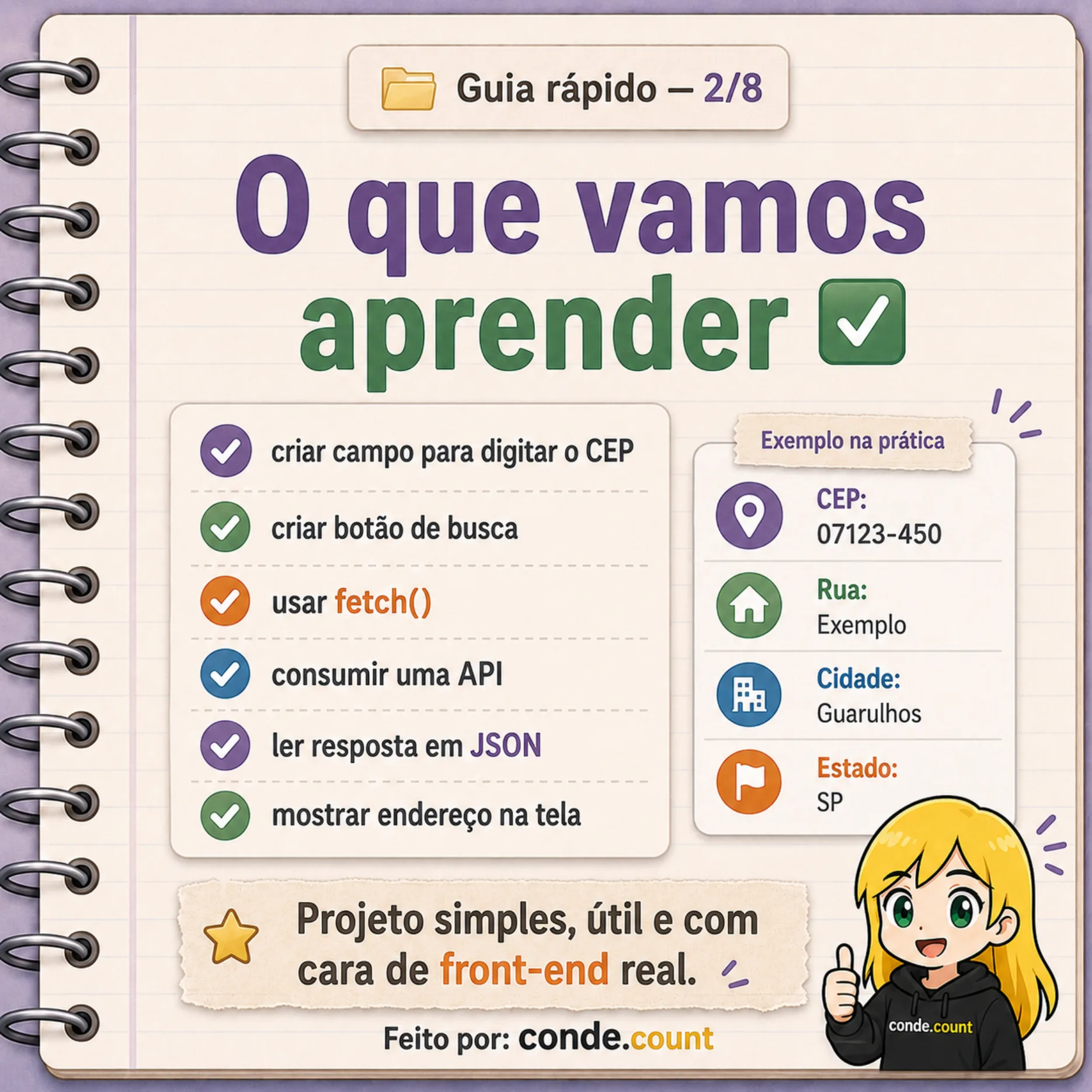Exemplo de guia visual sobre JavaScript, ensinando a criar um projeto de busca de CEP com fetch e API
