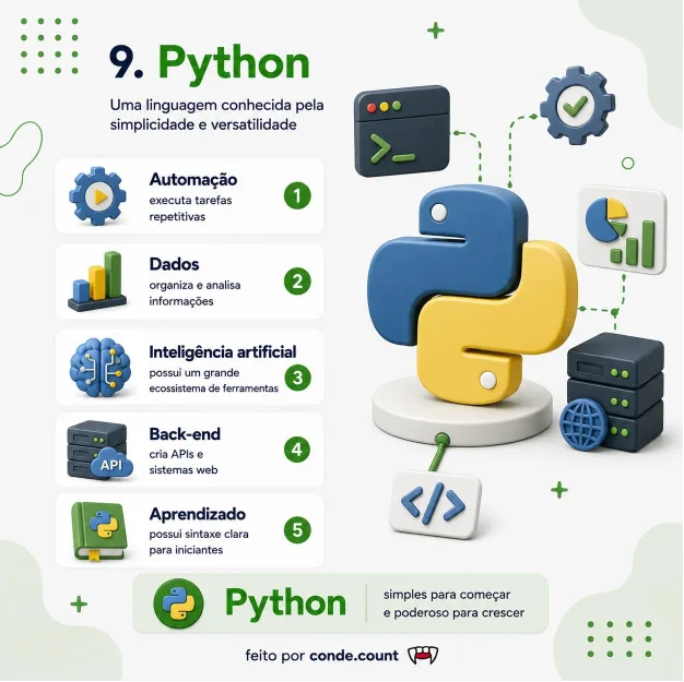 Exemplo de guia visual sobre Python, mostrando usos como automação, dados, IA e back-end