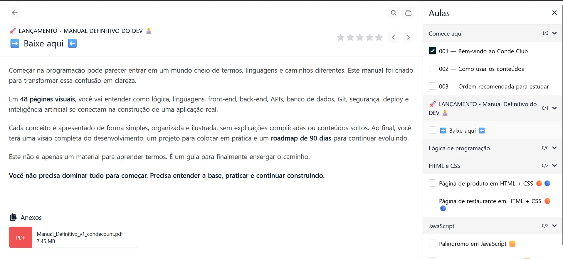 Área de membros do CondeClub mostrando os módulos: Comece aqui, Manual Definitivo do Dev, Lógica de Programação, HTML e CSS e JavaScript