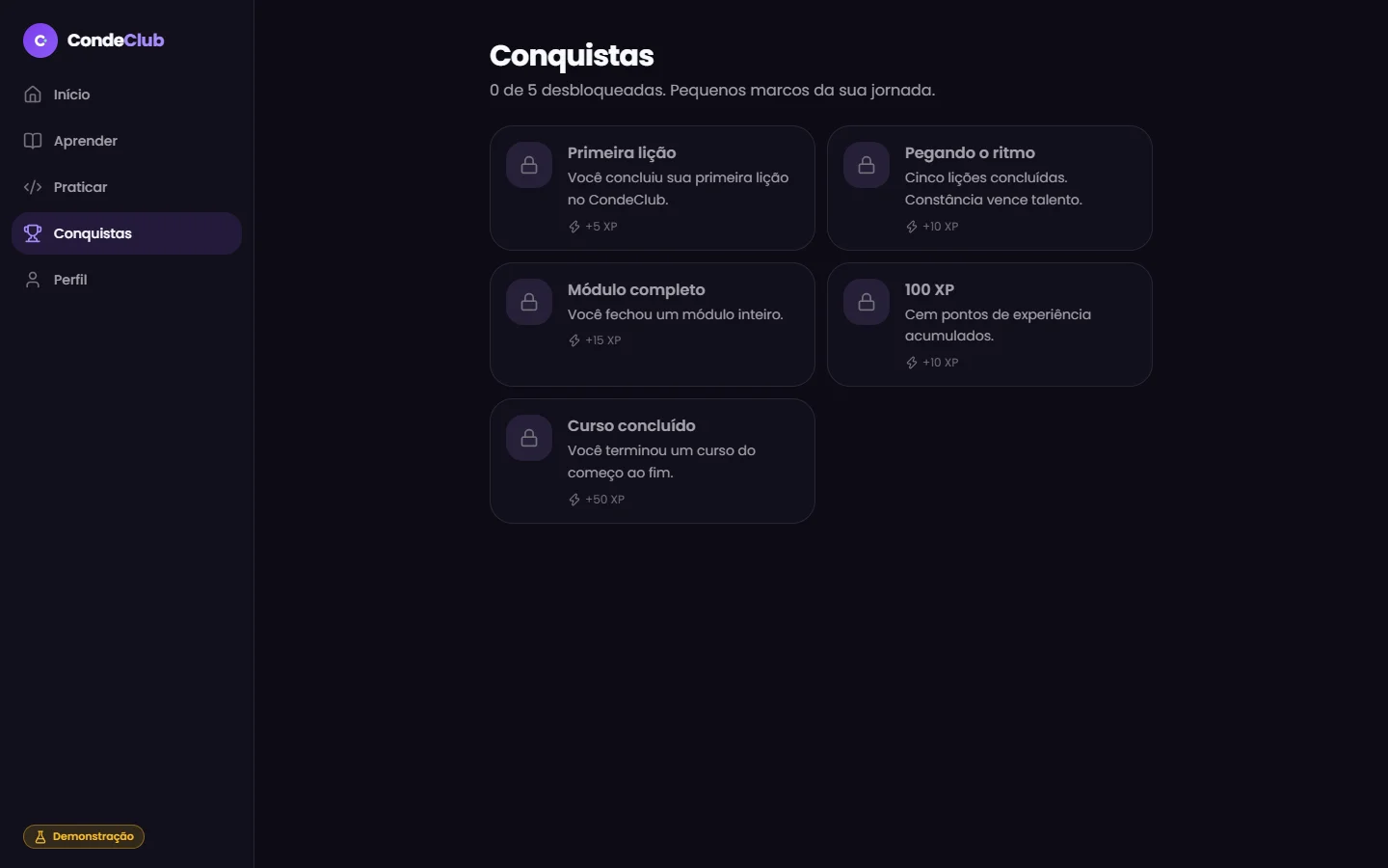 Tela de conquistas do CondeClub Learn, com marcos como primeira lição, módulo completo e 100 XP
