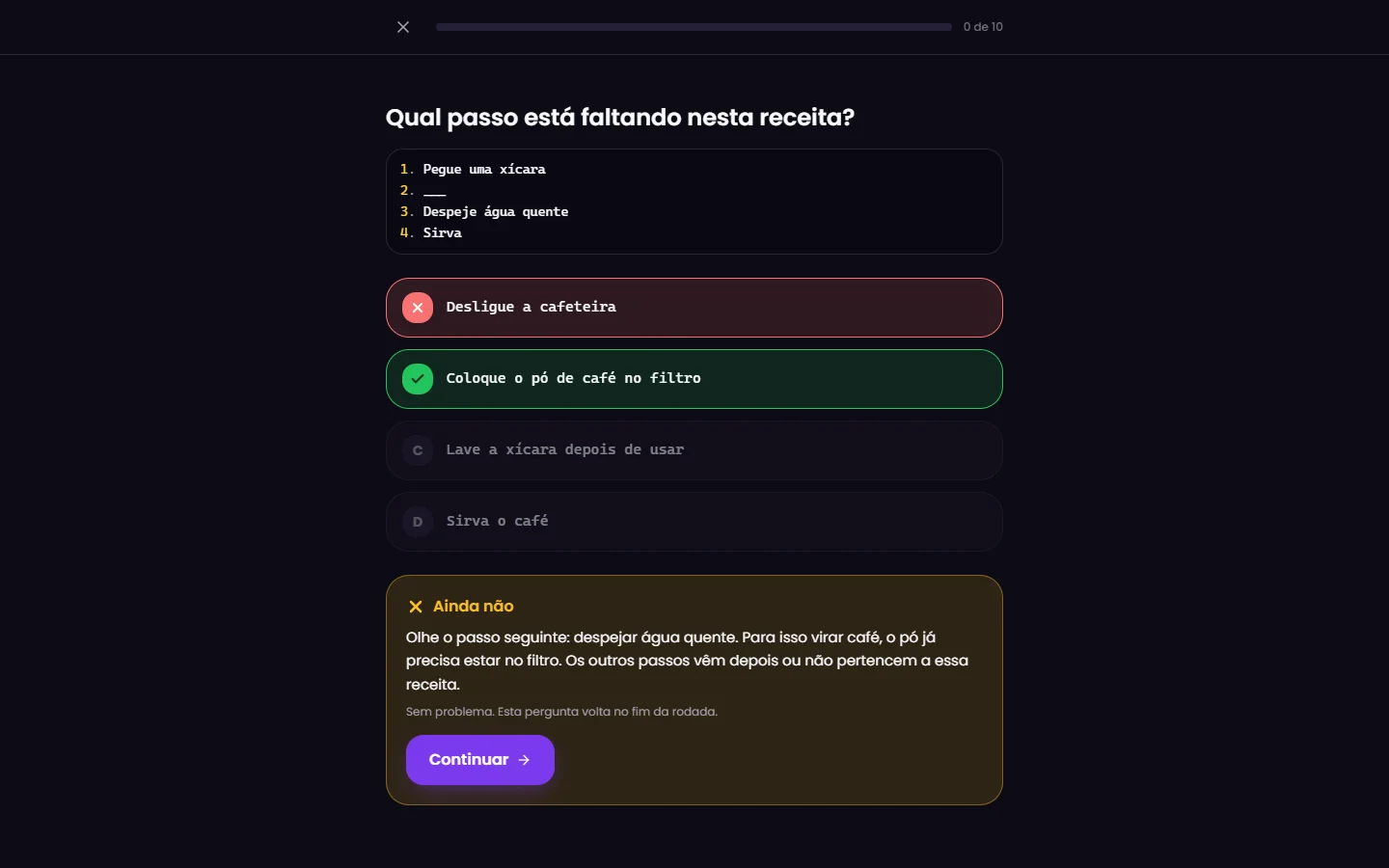 Feedback imediato mostrando a resposta certa e uma explicação
