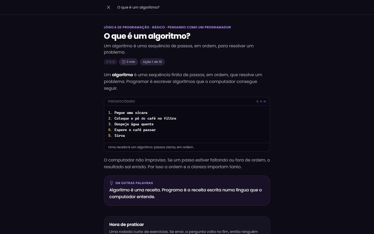 Lição curta explicando o que é um algoritmo, com exemplo em pseudocódigo