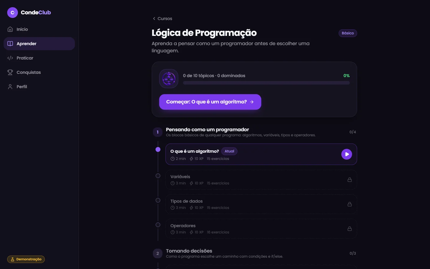 Trilha de Lógica de Programação organizada em módulos e lições, com progresso de cada uma